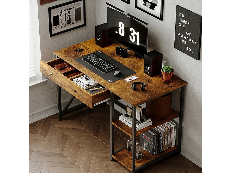 Secretária para computador em estilo loft industrial rústico, em castanho, com gaveta e prateleiras