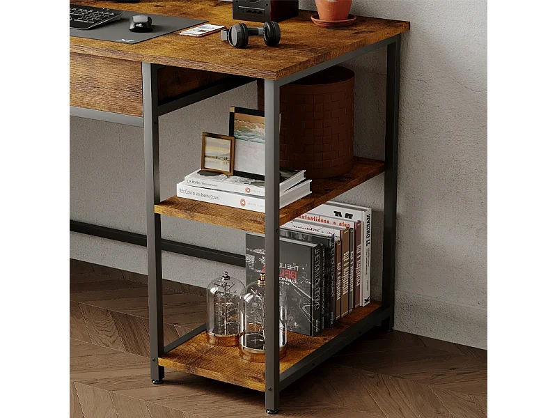 Secretária para computador em estilo loft industrial rústico, em castanho, com gaveta e prateleiras