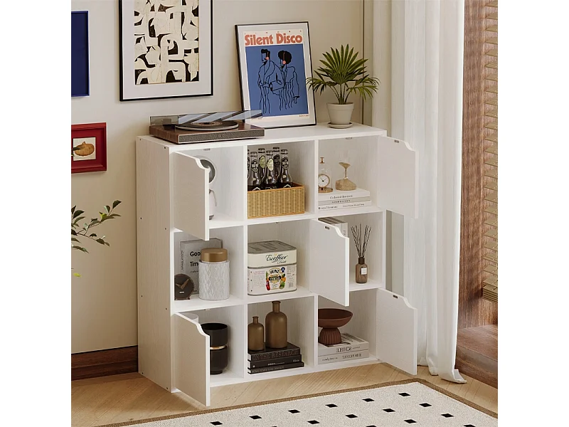 Estante, armário e cómoda com 9 prateleiras, cómoda quadrada com portas, branca, moderna, estilo loft