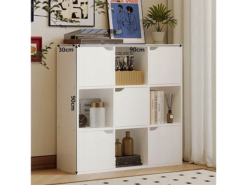 Estante, armário e cómoda com 9 prateleiras, cómoda quadrada com portas, branca, moderna, estilo loft