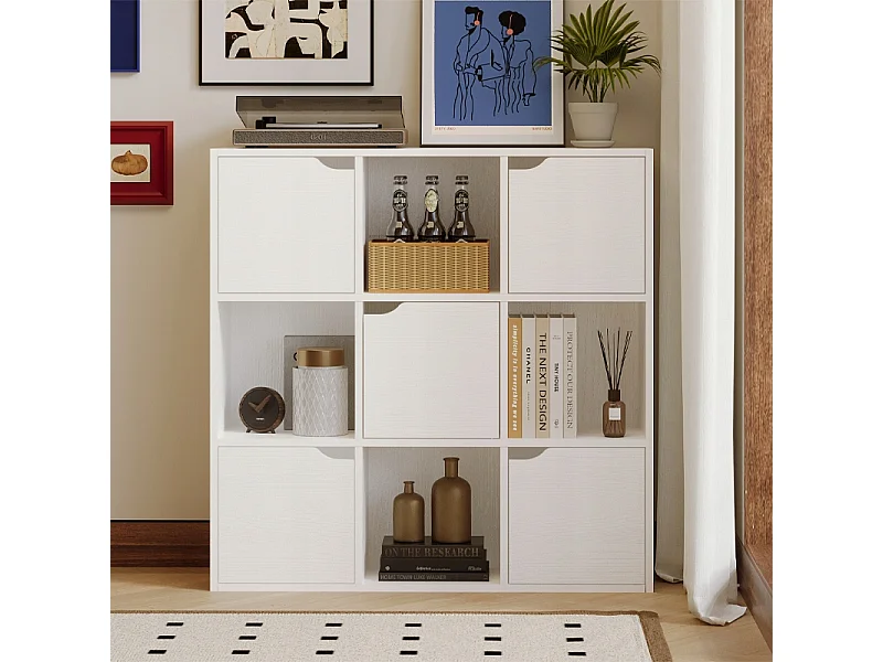 Estante, armário e cómoda com 9 prateleiras, cómoda quadrada com portas, branca, moderna, estilo loft