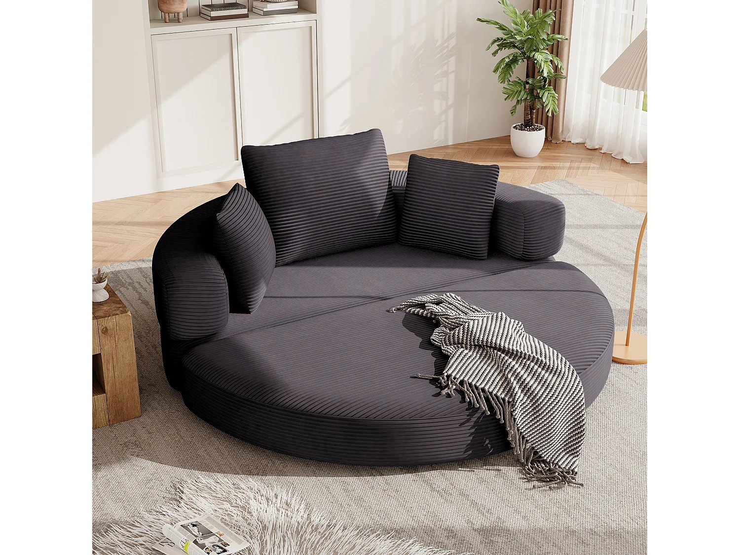 Canapé rond pliable 173x176x40cm - avec coussin - tissu en velours côtelé - noir
