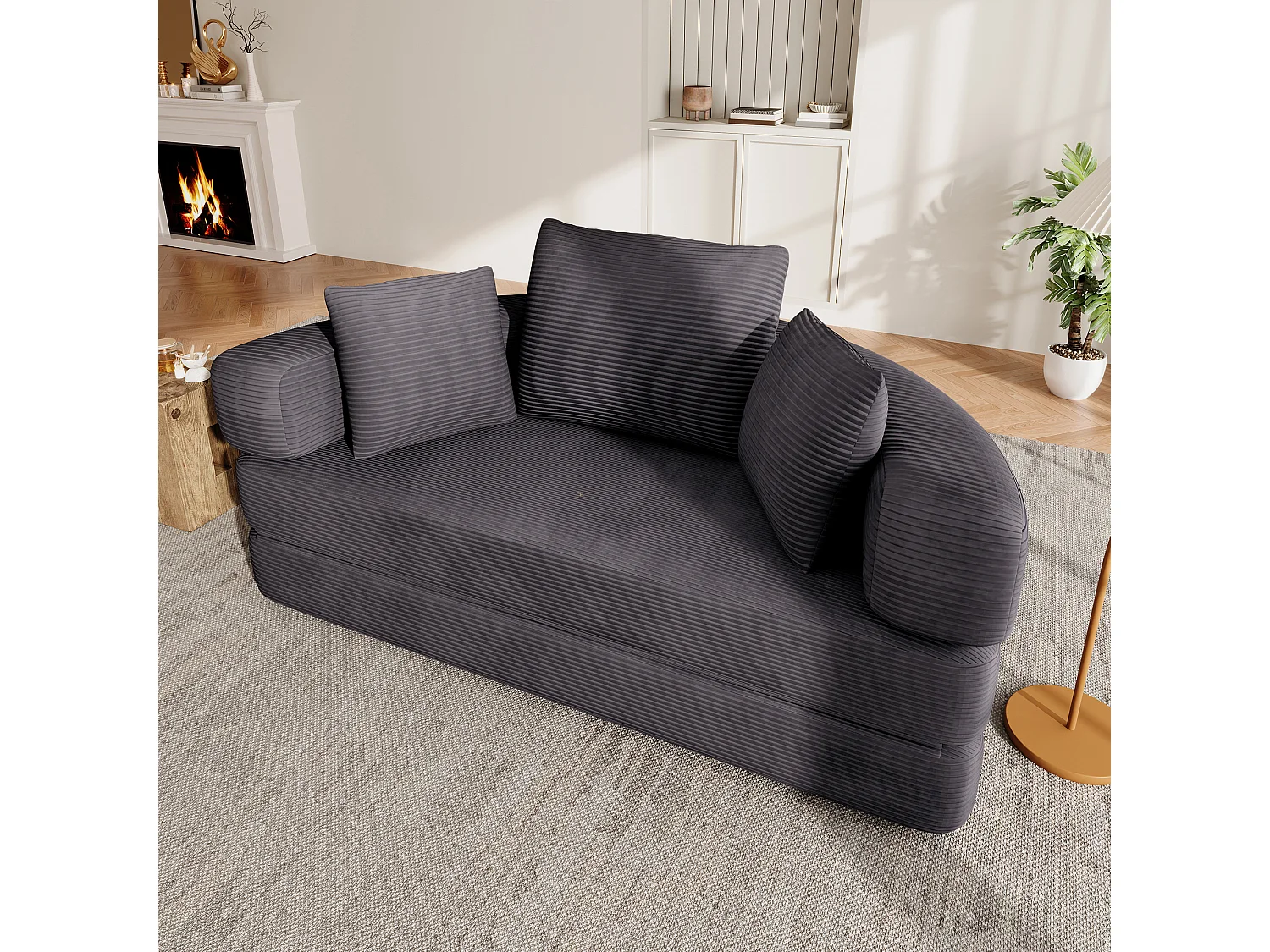 Canapé rond pliable 173x176x40cm - avec coussin - tissu en velours côtelé - noir