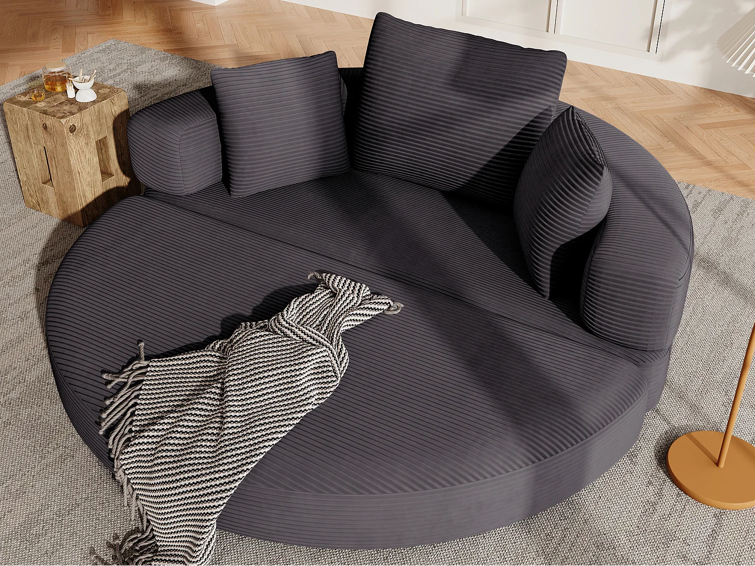 Canapé rond pliable 173x176x40cm - avec coussin - tissu en velours côtelé - noir