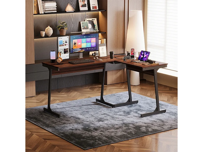 Secretária de canto para computador, estilo industrial moderno, castanho escuro, estilo loft, 148 cm