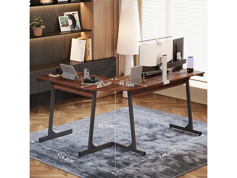Secretária de canto para computador, estilo industrial moderno, castanho escuro, estilo loft, 148 cm