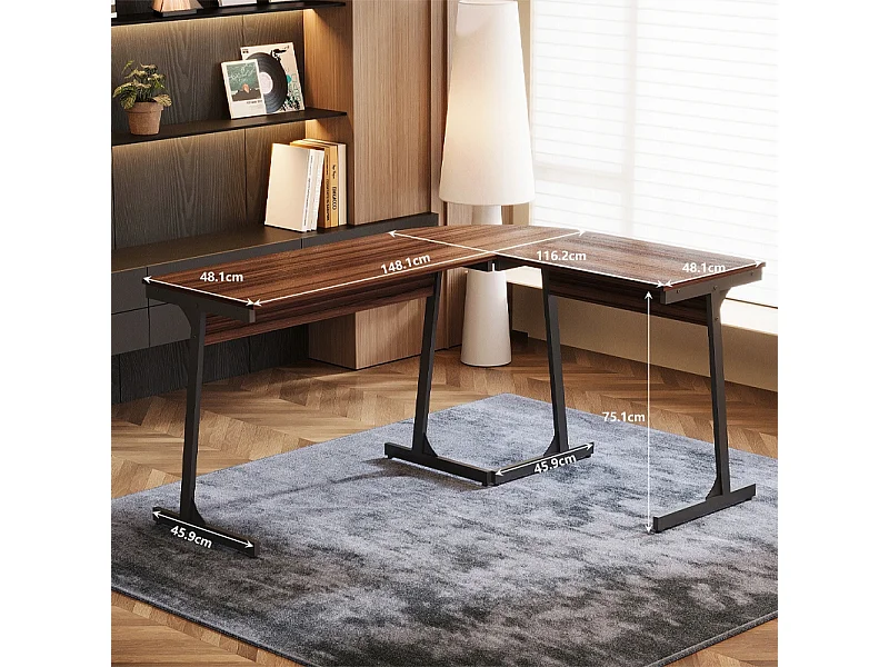 Secretária de canto para computador, estilo industrial moderno, castanho escuro, estilo loft, 148 cm