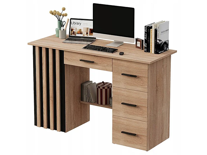 Modern computerbureau met lamellenplank en 4 lades, loftstijl, 120 cm