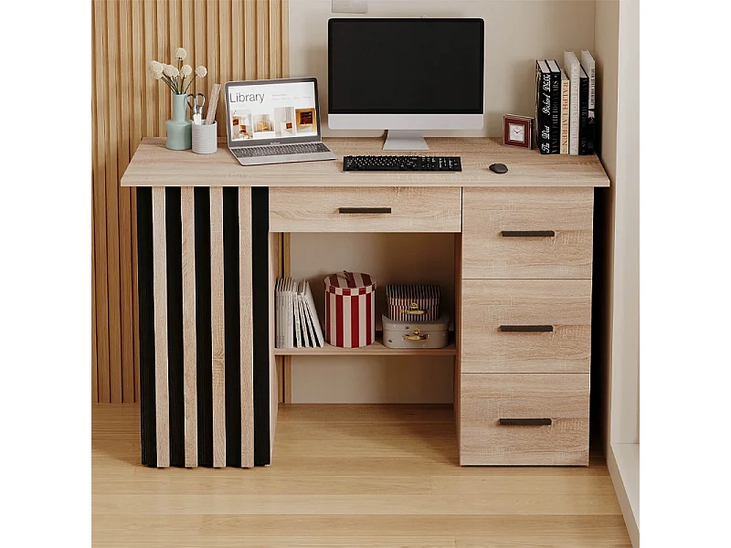 Modern computerbureau met lamellenplank en 4 lades, loftstijl, 120 cm