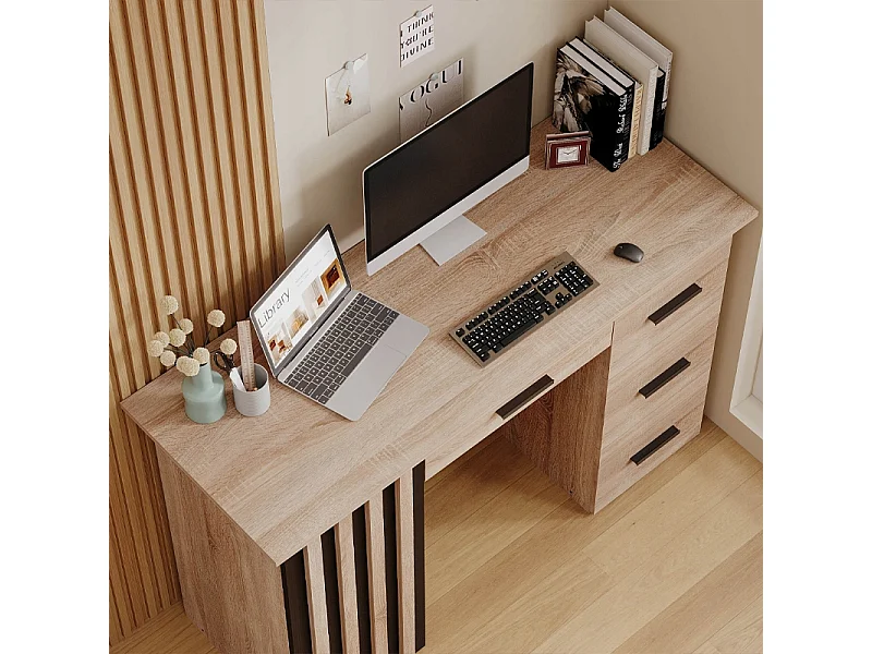 Modern computerbureau met lamellenplank en 4 lades, loftstijl, 120 cm