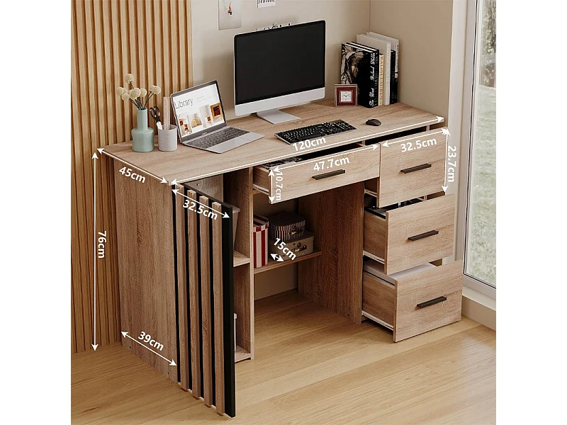 Modern computerbureau met lamellenplank en 4 lades, loftstijl, 120 cm