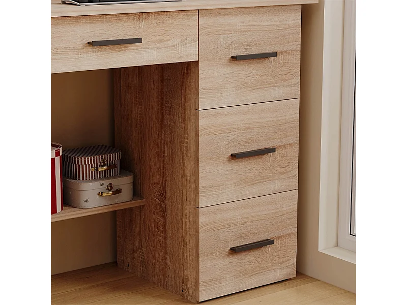 Modern computerbureau met lamellenplank en 4 lades, loftstijl, 120 cm
