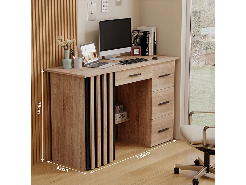 Modern computerbureau met lamellenplank en 4 lades, loftstijl, 120 cm