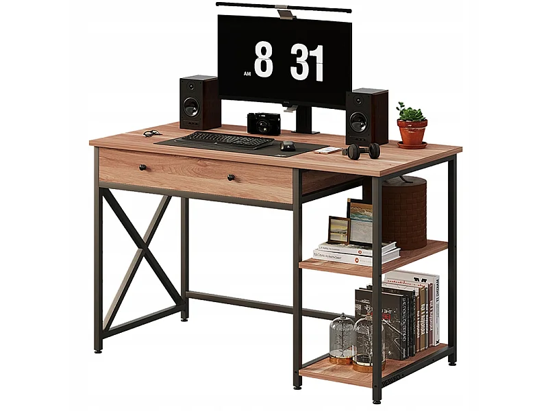 Industrieel loft-computerbureau in lichtbruin met lade en planken, 120 cm