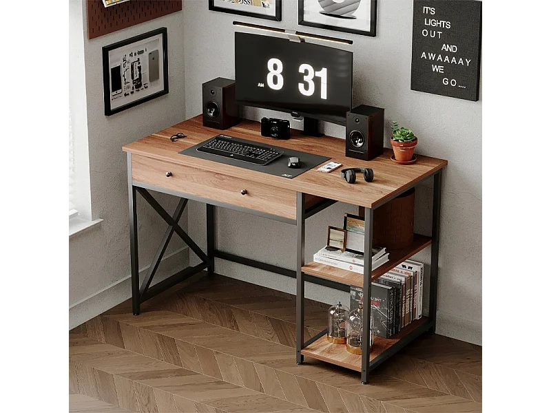 Industrieel loft-computerbureau in lichtbruin met lade en planken, 120 cm