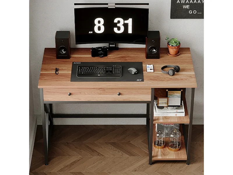 Industrieel loft-computerbureau in lichtbruin met lade en planken, 120 cm