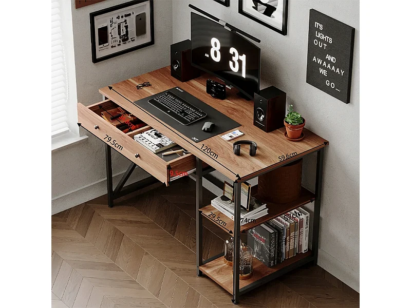 Industrieel loft-computerbureau in lichtbruin met lade en planken, 120 cm