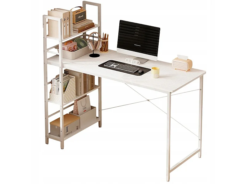 Bureau d'ordinateur de style loft blanc pour adolescents, avec étagère et rayonnages, 120 cm