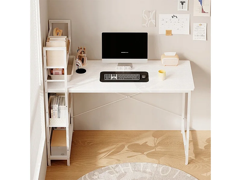 Bureau d'ordinateur de style loft blanc pour adolescents, avec étagère et rayonnages, 120 cm