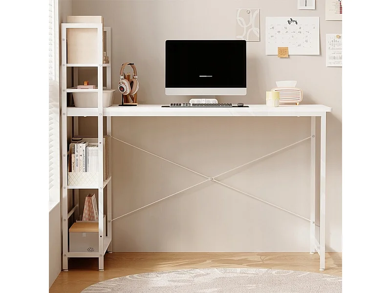 Bureau d'ordinateur de style loft blanc pour adolescents, avec étagère et rayonnages, 120 cm