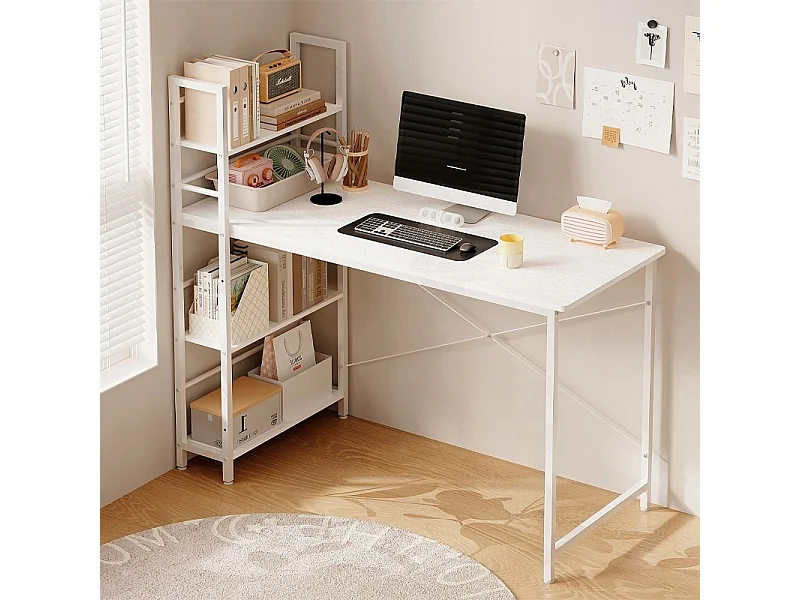 Bureau d'ordinateur de style loft blanc pour adolescents, avec étagère et rayonnages, 120 cm