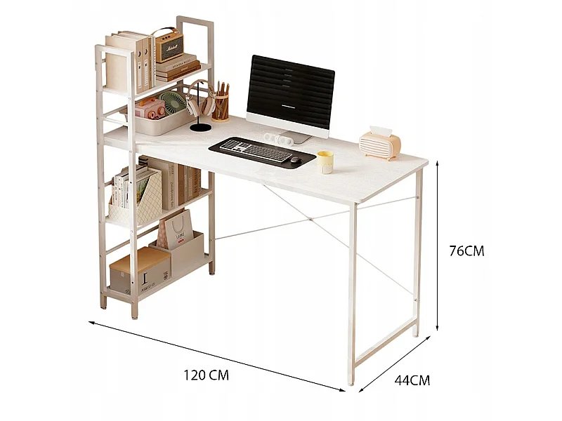 Bureau d'ordinateur de style loft blanc pour adolescents, avec étagère et rayonnages, 120 cm