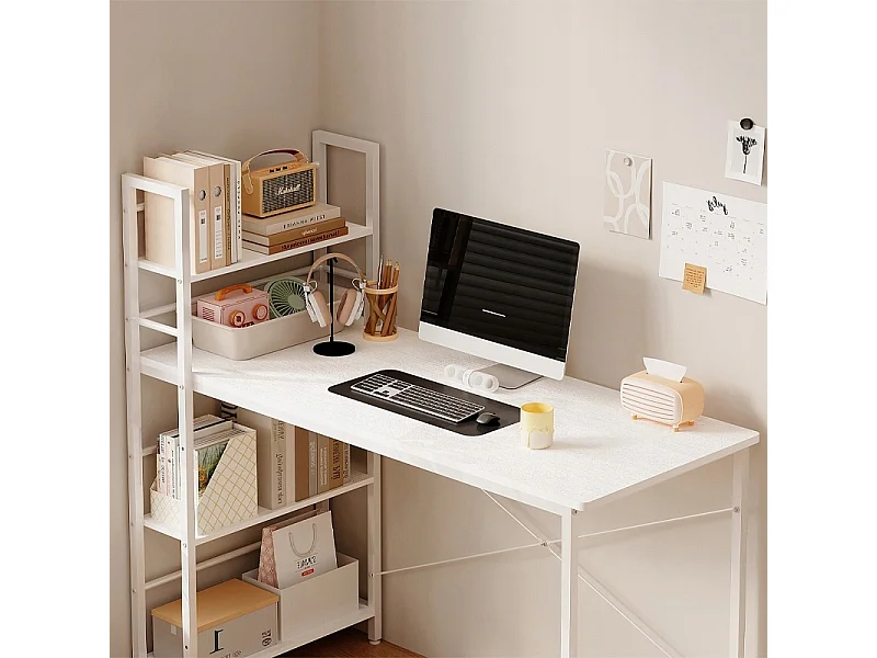 Bureau d'ordinateur de style loft blanc pour adolescents, avec étagère et rayonnages, 120 cm