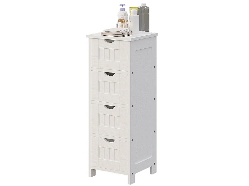 Mobile da bagno stretto, colonna a scaffali bianca con cassetti e ripiano, stile scandinavo