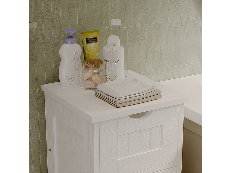 Mobile da bagno stretto, colonna a scaffali bianca con cassetti e ripiano, stile scandinavo