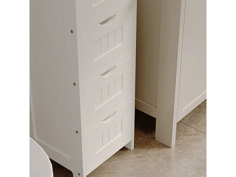 Mobile da bagno stretto, colonna a scaffali bianca con cassetti e ripiano, stile scandinavo