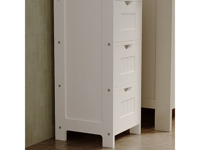 Mobile da bagno stretto, colonna a scaffali bianca con cassetti e ripiano, stile scandinavo