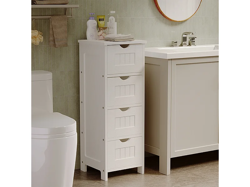 Mobile da bagno stretto, colonna a scaffali bianca con cassetti e ripiano, stile scandinavo