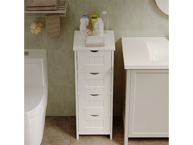 Mobile da bagno stretto, colonna a scaffali bianca con cassetti e ripiano, stile scandinavo