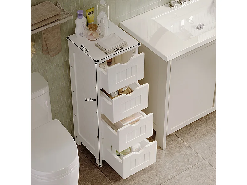 Mobile da bagno stretto, colonna a scaffali bianca con cassetti e ripiano, stile scandinavo