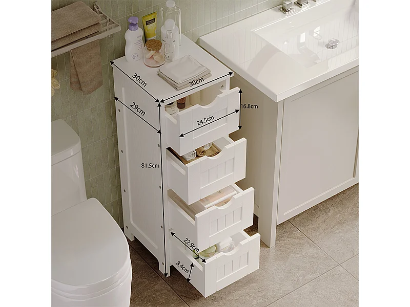 Mobile da bagno stretto, colonna a scaffali bianca con cassetti e ripiano, stile scandinavo