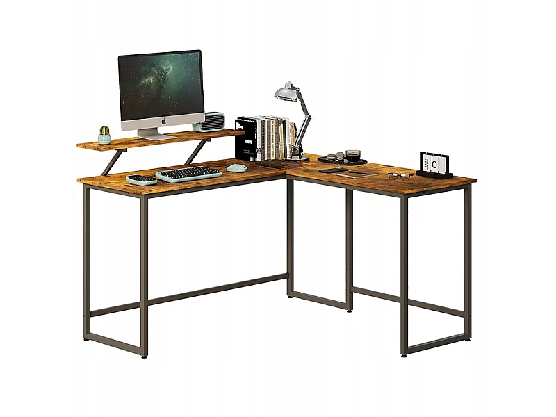 Secretária de canto para computador com estante, estilo rústico-industrial e prateleira tipo loft