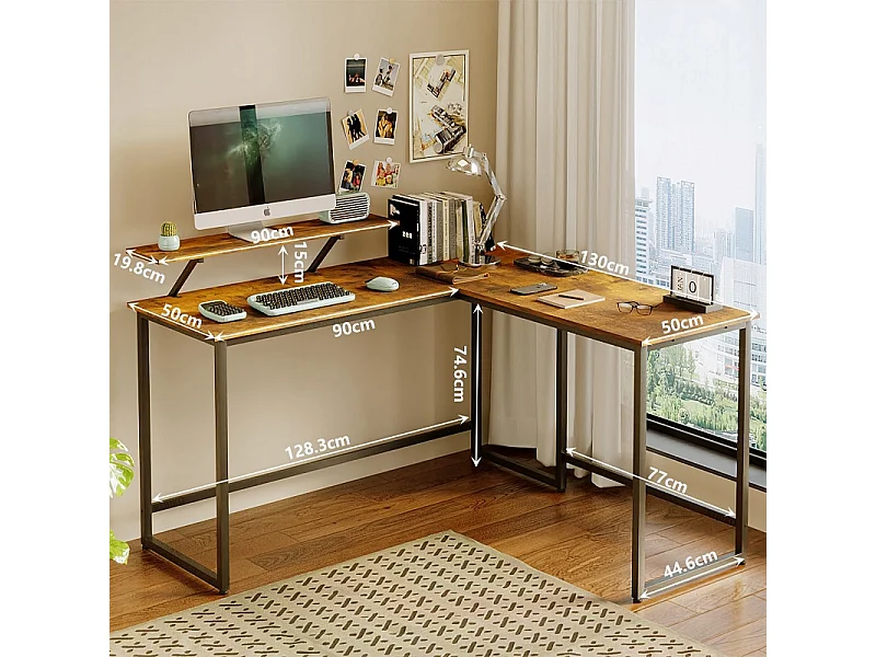 Secretária de canto para computador com estante, estilo rústico-industrial e prateleira tipo loft