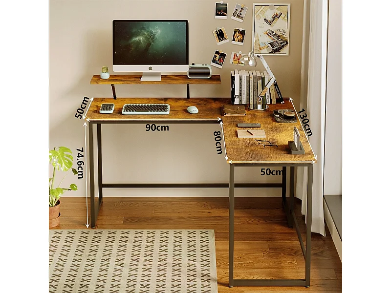 Secretária de canto para computador com estante, estilo rústico-industrial e prateleira tipo loft