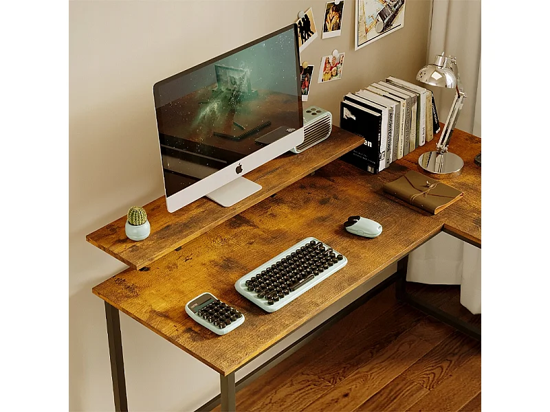 Secretária de canto para computador com estante, estilo rústico-industrial e prateleira tipo loft
