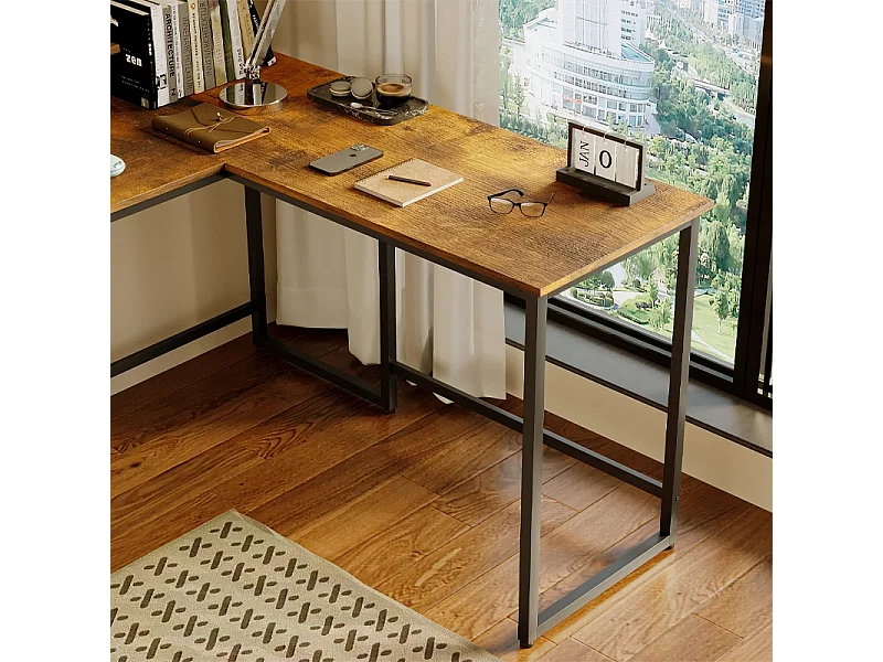 Secretária de canto para computador com estante, estilo rústico-industrial e prateleira tipo loft