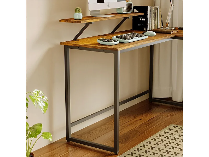 Secretária de canto para computador com estante, estilo rústico-industrial e prateleira tipo loft