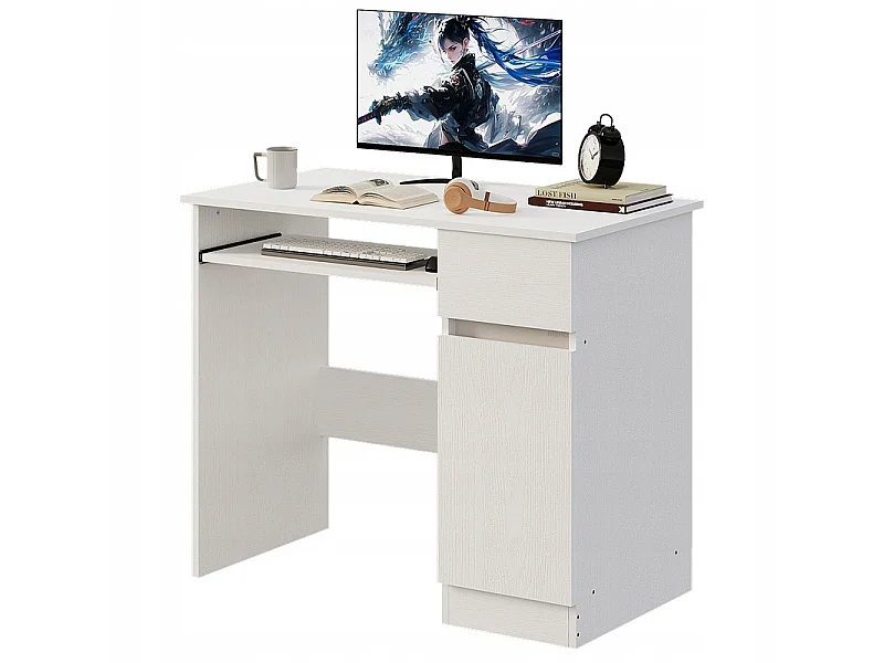 Bureau d'ordinateur blanc pour adolescent, style moderne, avec tiroir et étagère