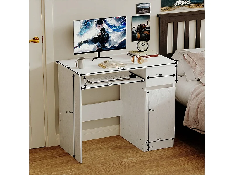 Bureau d'ordinateur blanc pour adolescent, style moderne, avec tiroir et étagère
