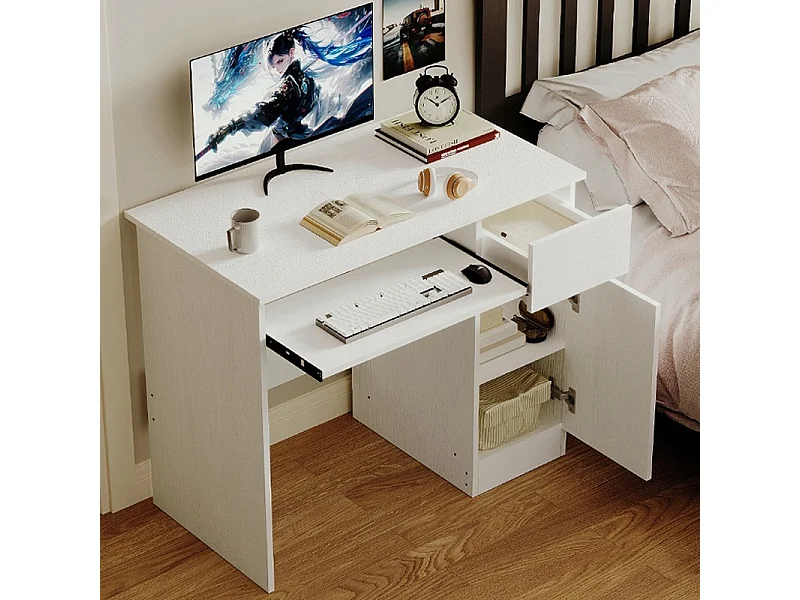 Bureau d'ordinateur blanc pour adolescent, style moderne, avec tiroir et étagère