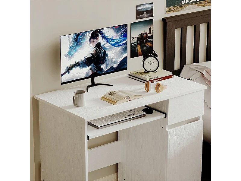 Bureau d'ordinateur blanc pour adolescent, style moderne, avec tiroir et étagère