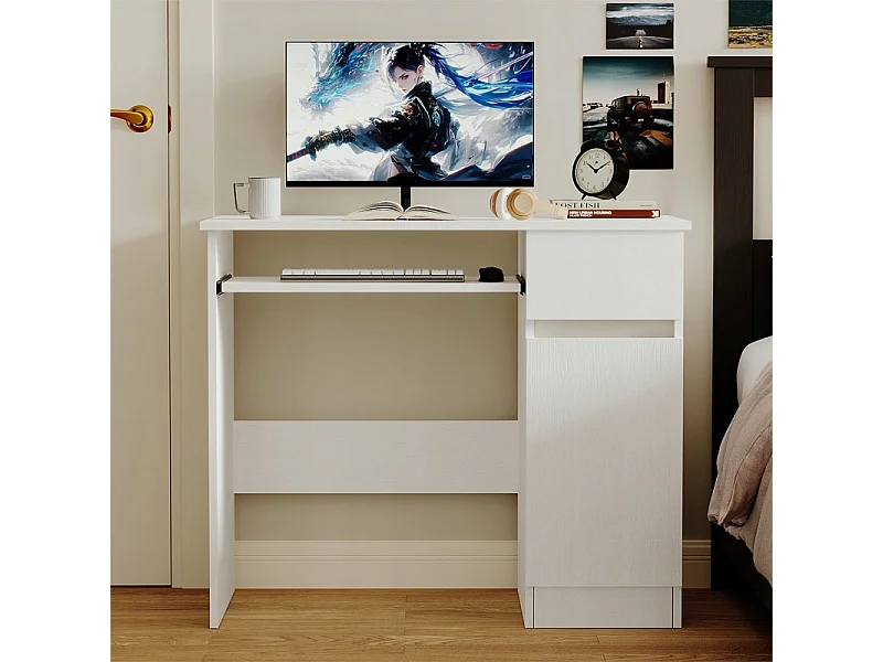 Bureau d'ordinateur blanc pour adolescent, style moderne, avec tiroir et étagère
