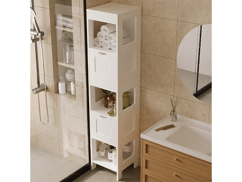 Mobile da bagno a colonna con cassetti, bianco, alto, con ripiani, stile loft moderno, 142 cm