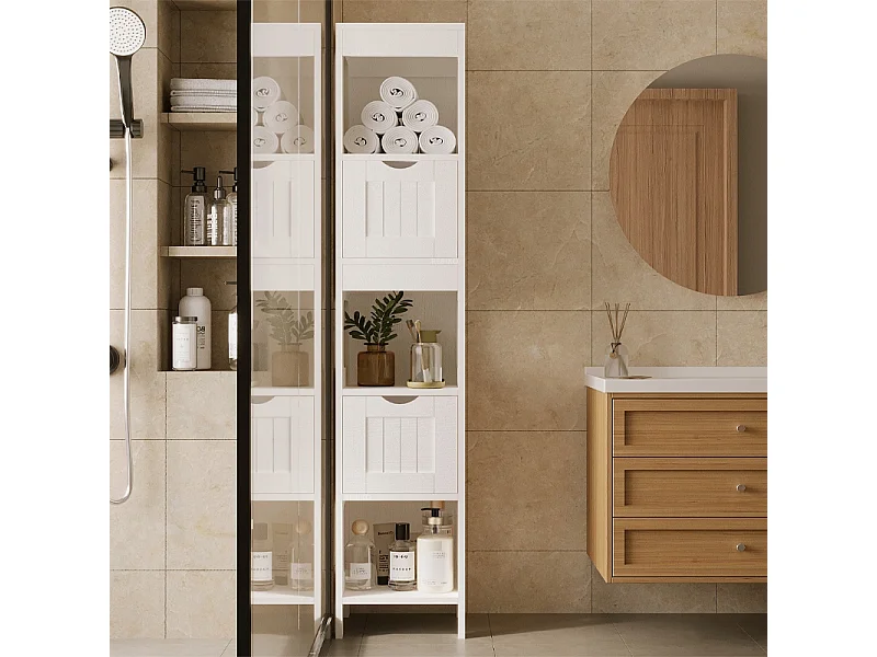 Mobile da bagno a colonna con cassetti, bianco, alto, con ripiani, stile loft moderno, 142 cm