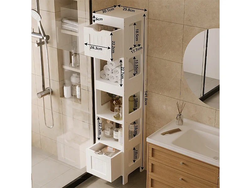 Mobile da bagno a colonna con cassetti, bianco, alto, con ripiani, stile loft moderno, 142 cm