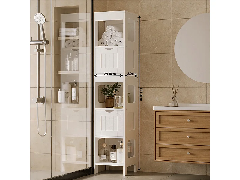 Mobile da bagno a colonna con cassetti, bianco, alto, con ripiani, stile loft moderno, 142 cm
